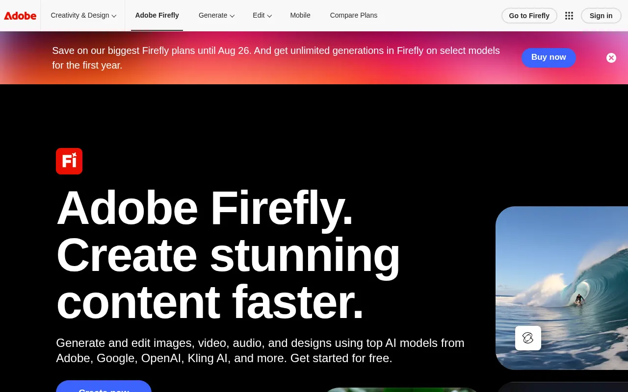 Screenshot of the Adobe Firefly homepage