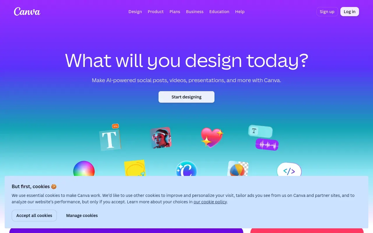 Screenshot of the Canva homepage