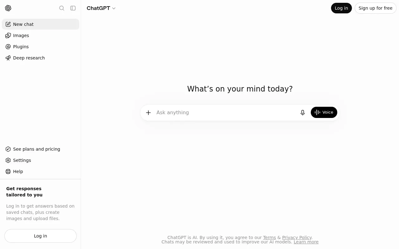 Screenshot of the ChatGPT homepage