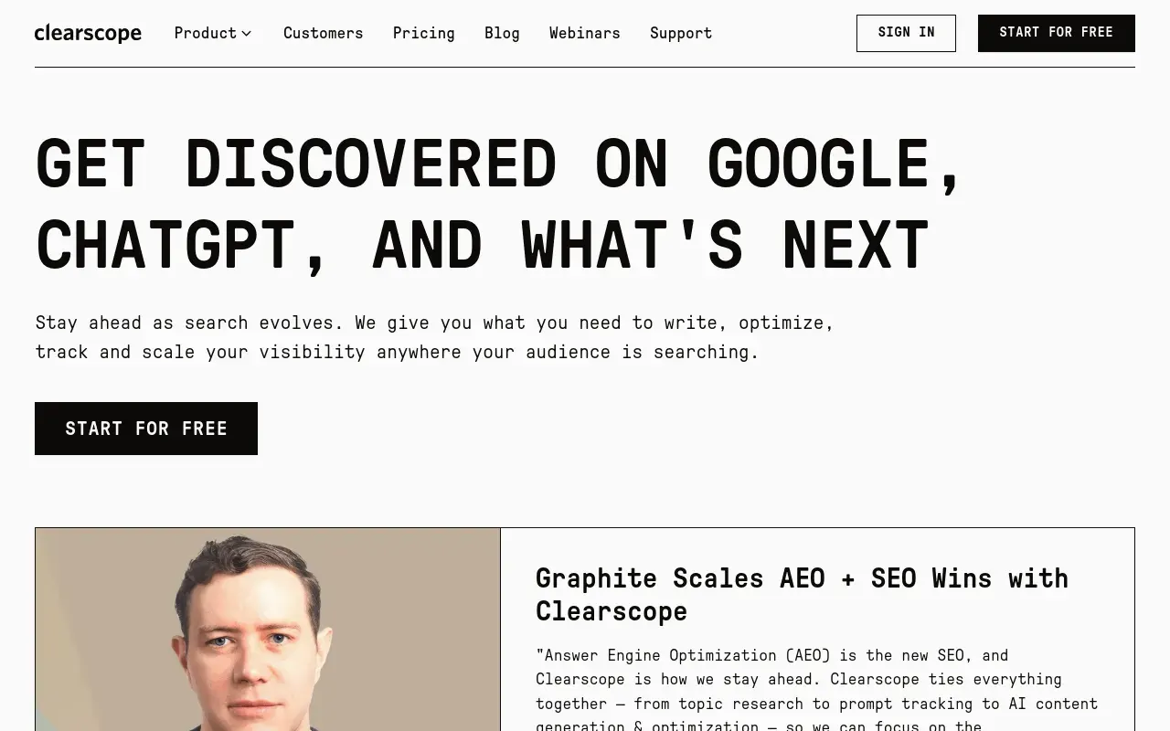 Screenshot of the Clearscope homepage