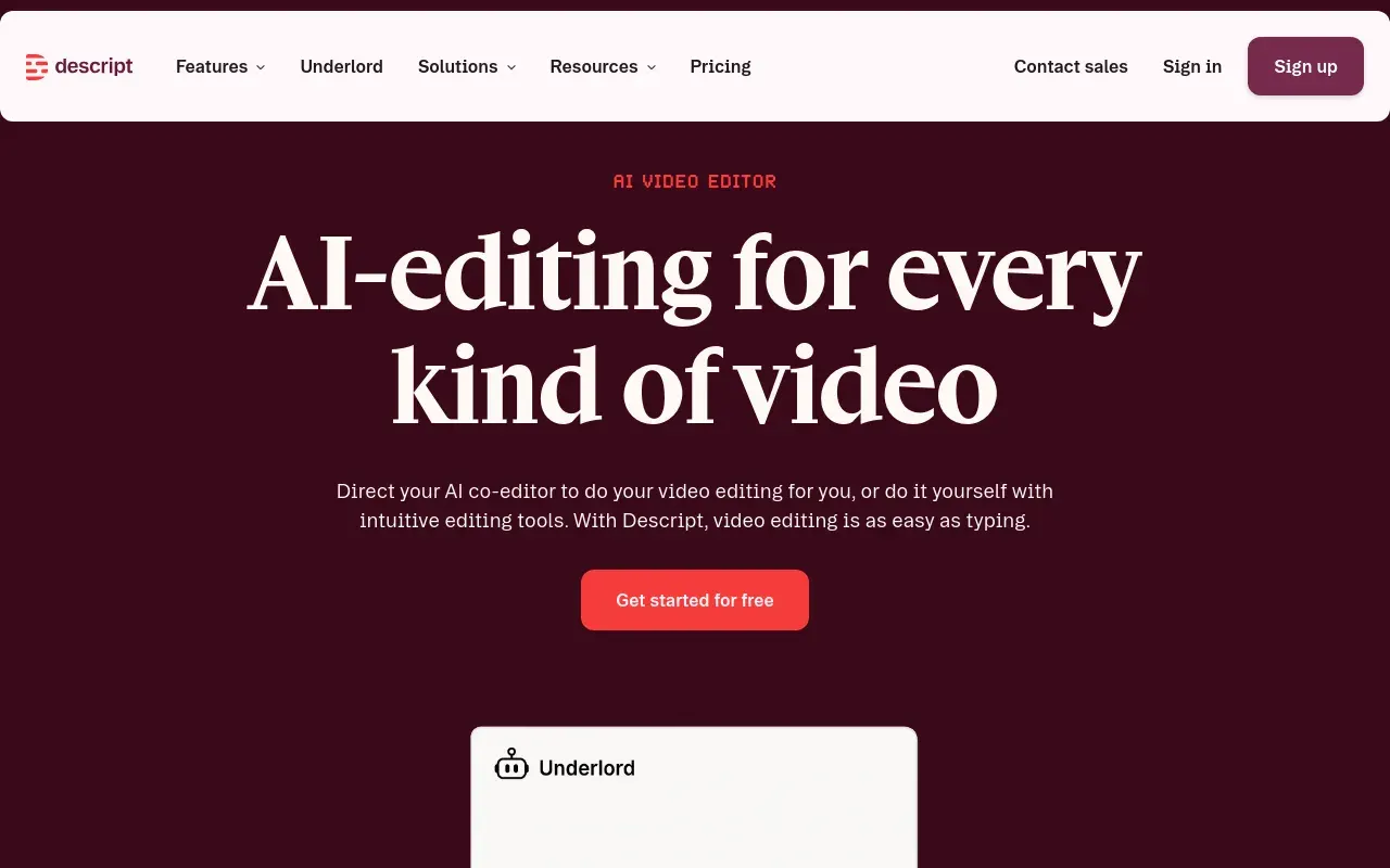 Screenshot of the Descript homepage