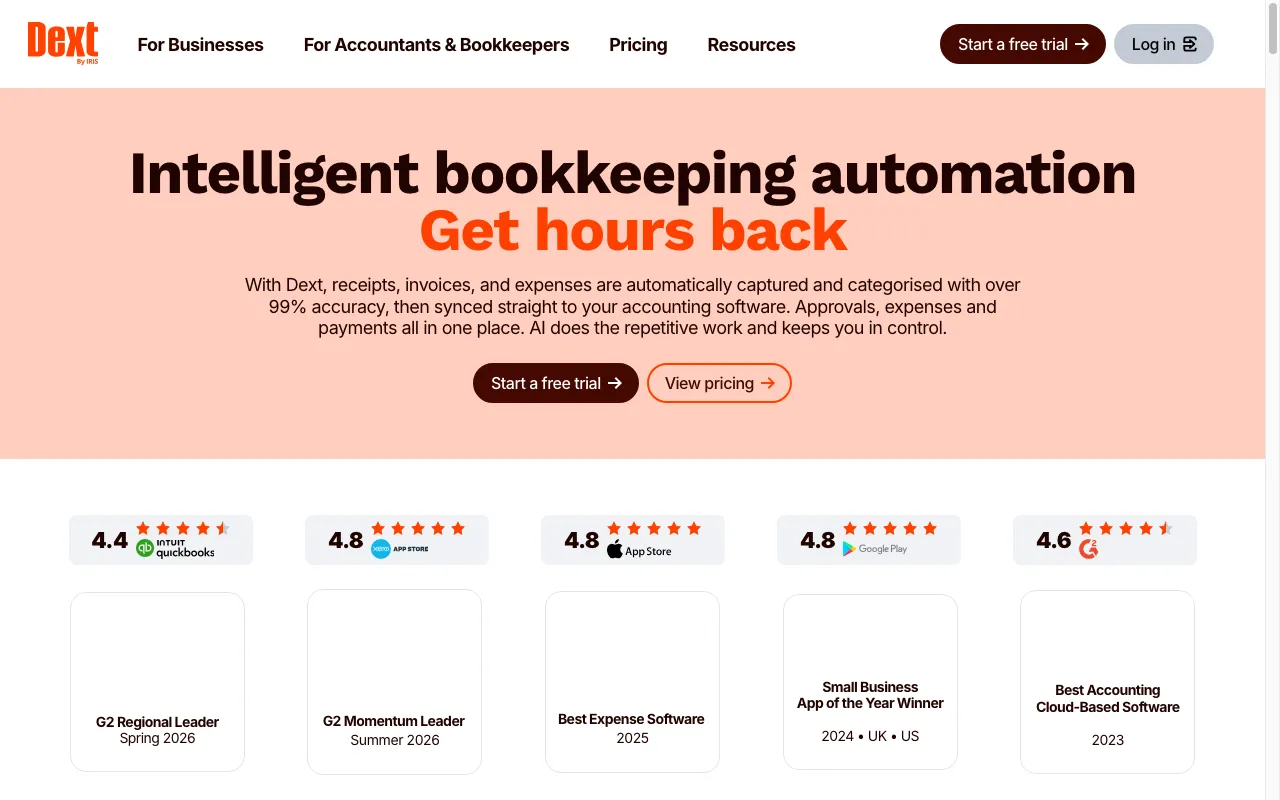Screenshot of the Dext homepage