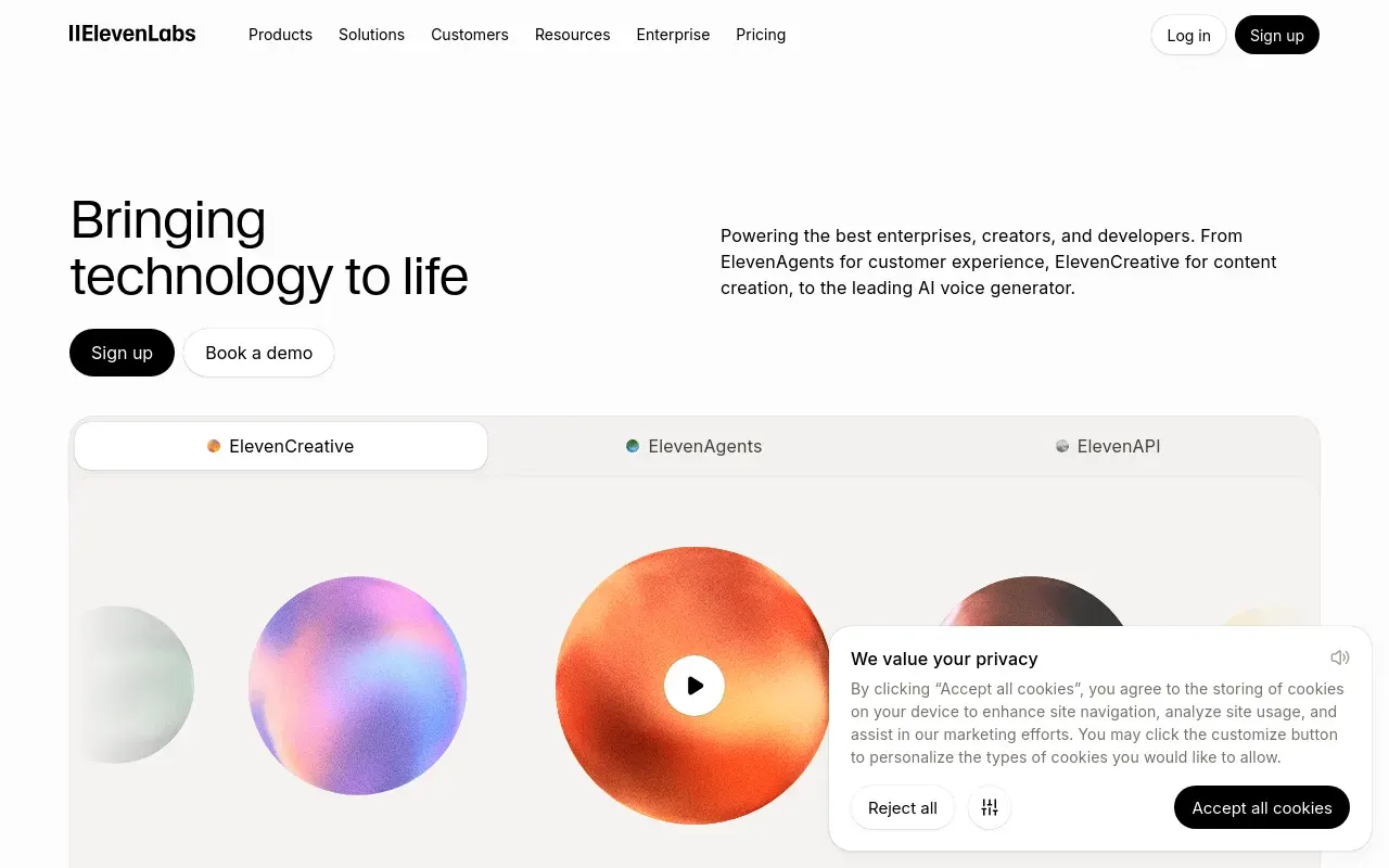 Screenshot of the ElevenLabs homepage