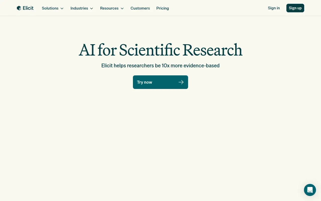 Screenshot of the Elicit homepage