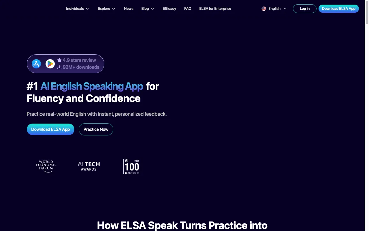 Screenshot of the ELSA Speak homepage