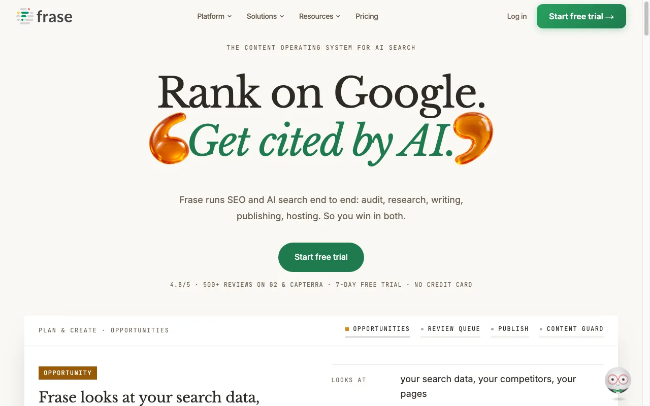 Screenshot of the Frase homepage