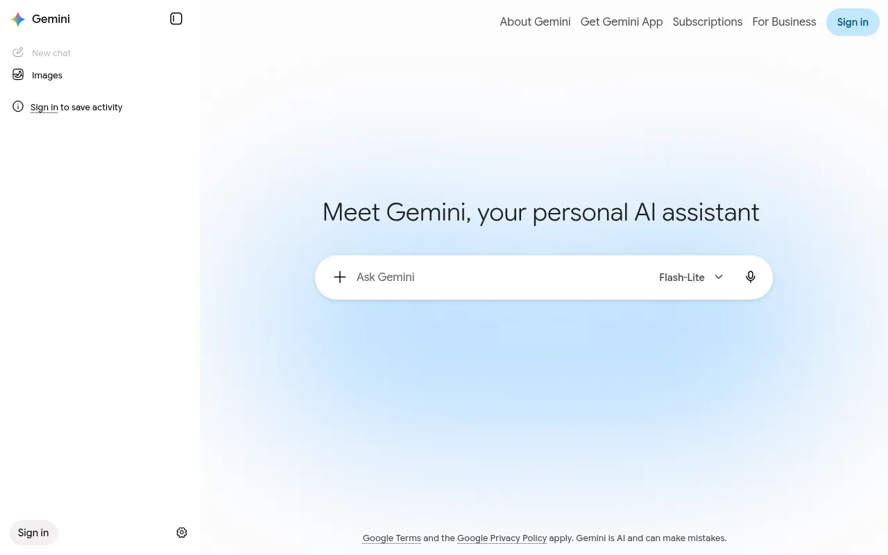 Screenshot of the Google Gemini homepage
