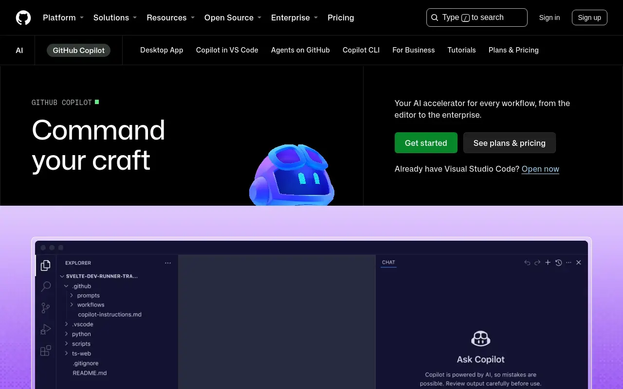 Screenshot of the GitHub Copilot homepage