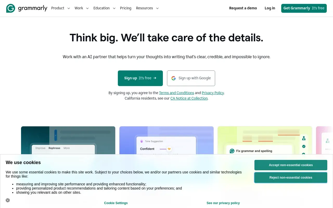 Screenshot of the Grammarly homepage