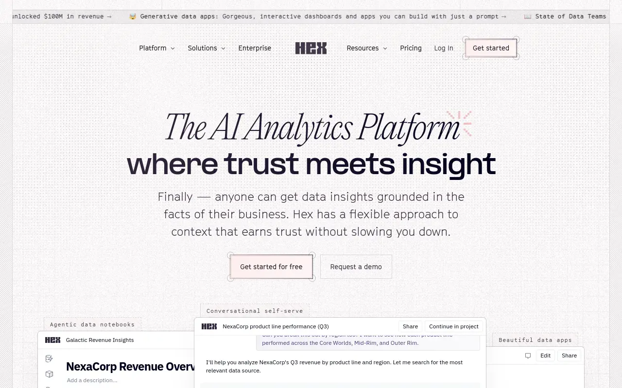 Screenshot of the Hex homepage