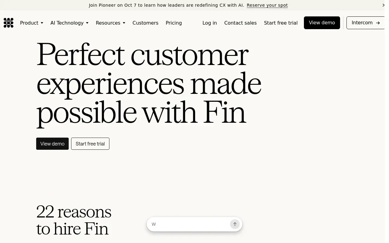Screenshot of the Fin homepage