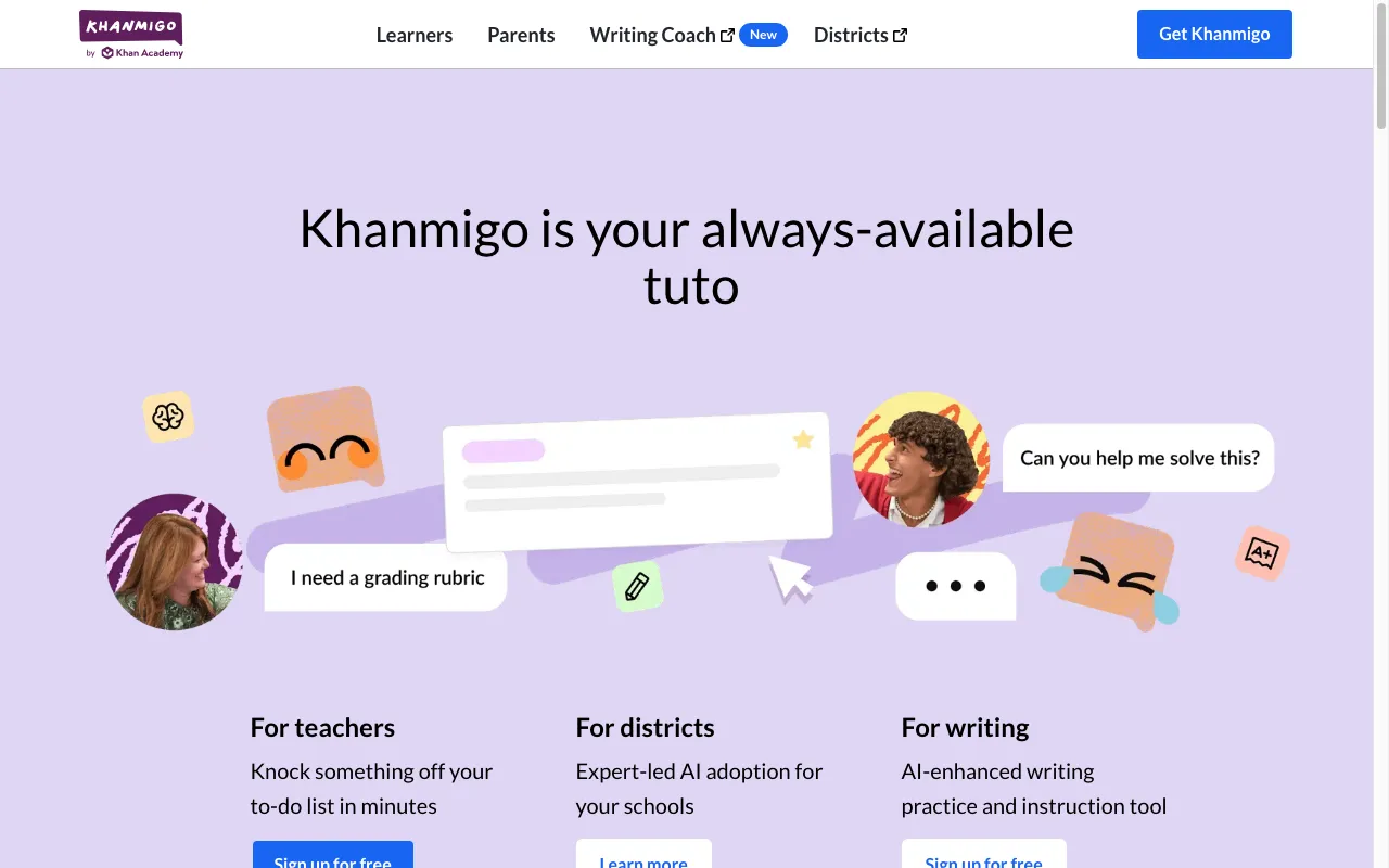 Screenshot of the Khanmigo homepage