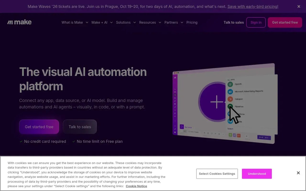 Screenshot of the Make homepage