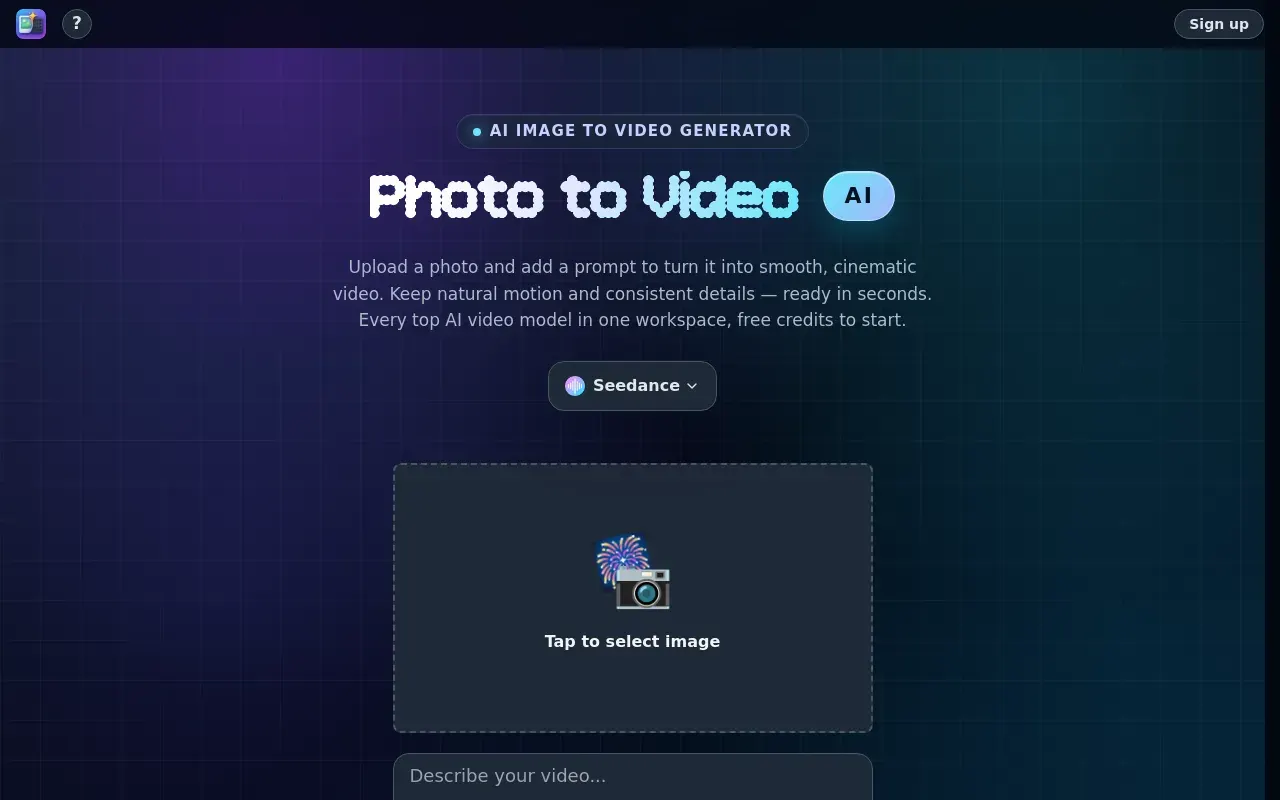 Screenshot of the Photo to Video homepage