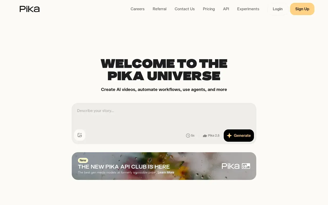 Screenshot of the Pika homepage