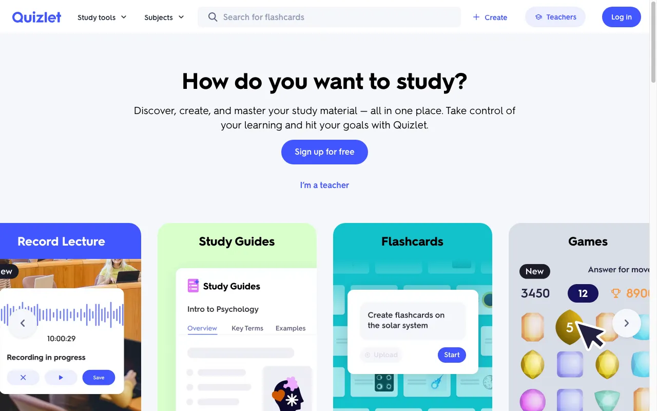 Screenshot of the Quizlet homepage