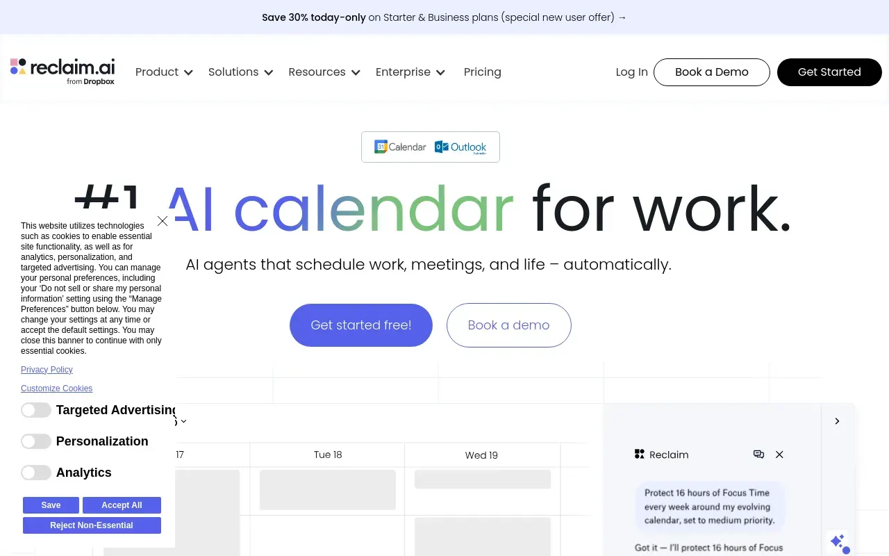 Screenshot of the Reclaim.ai homepage