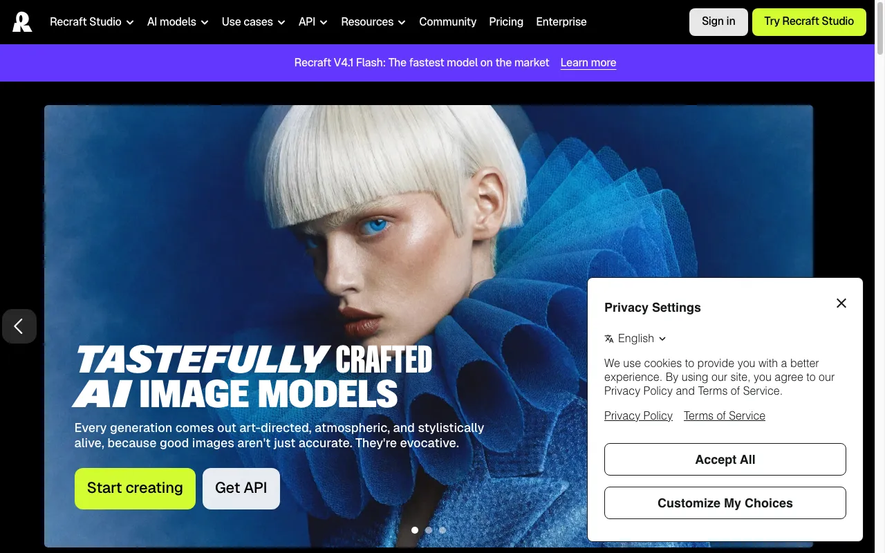 Screenshot of the Recraft homepage