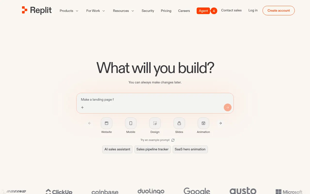 Screenshot of the Replit homepage