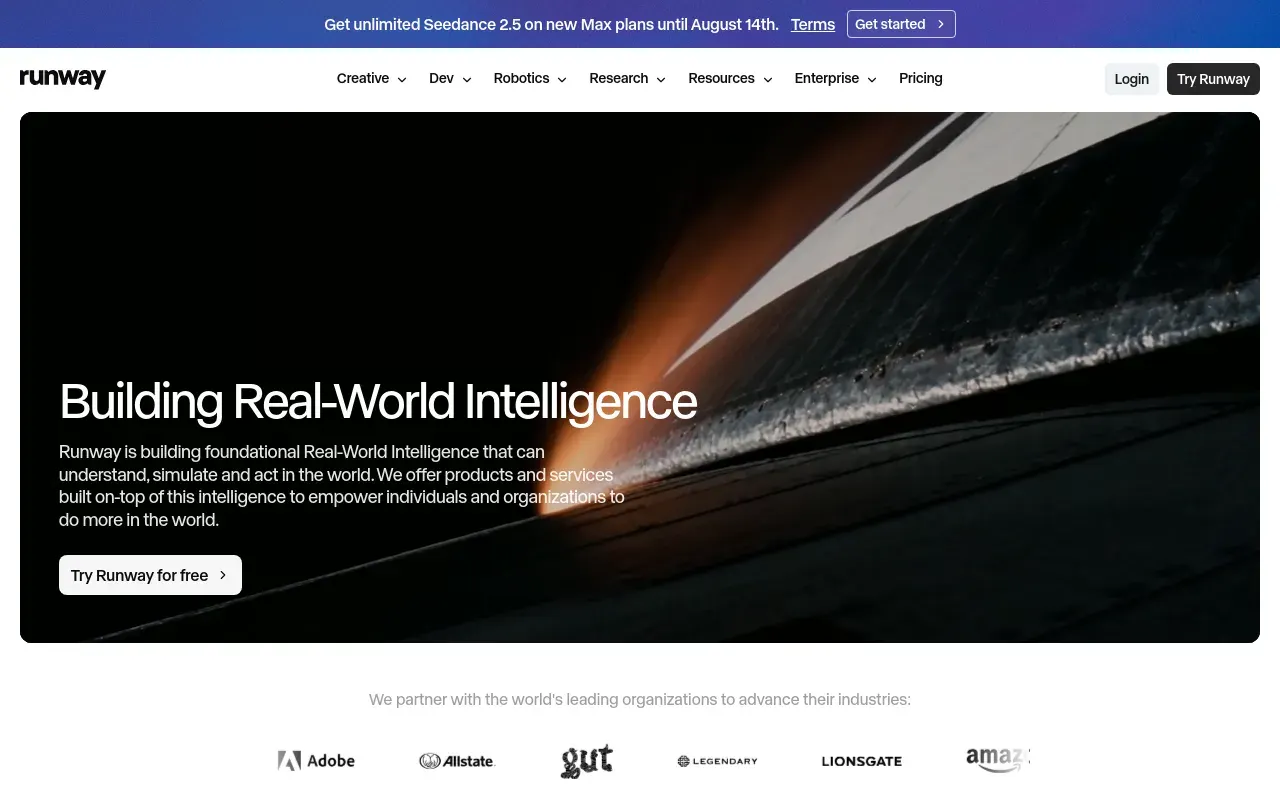 Screenshot of the Runway homepage