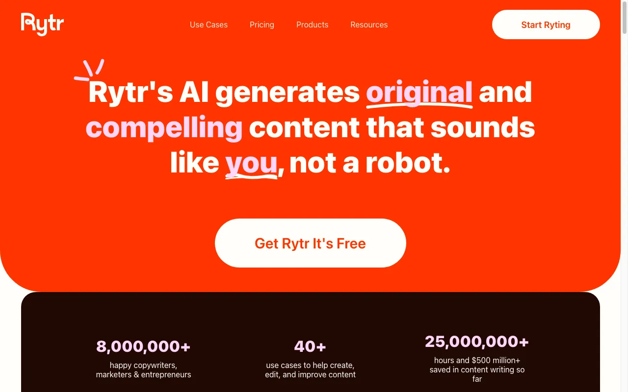 Screenshot of the Rytr homepage