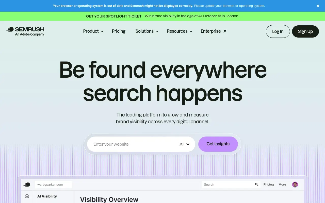 Screenshot of the Semrush homepage