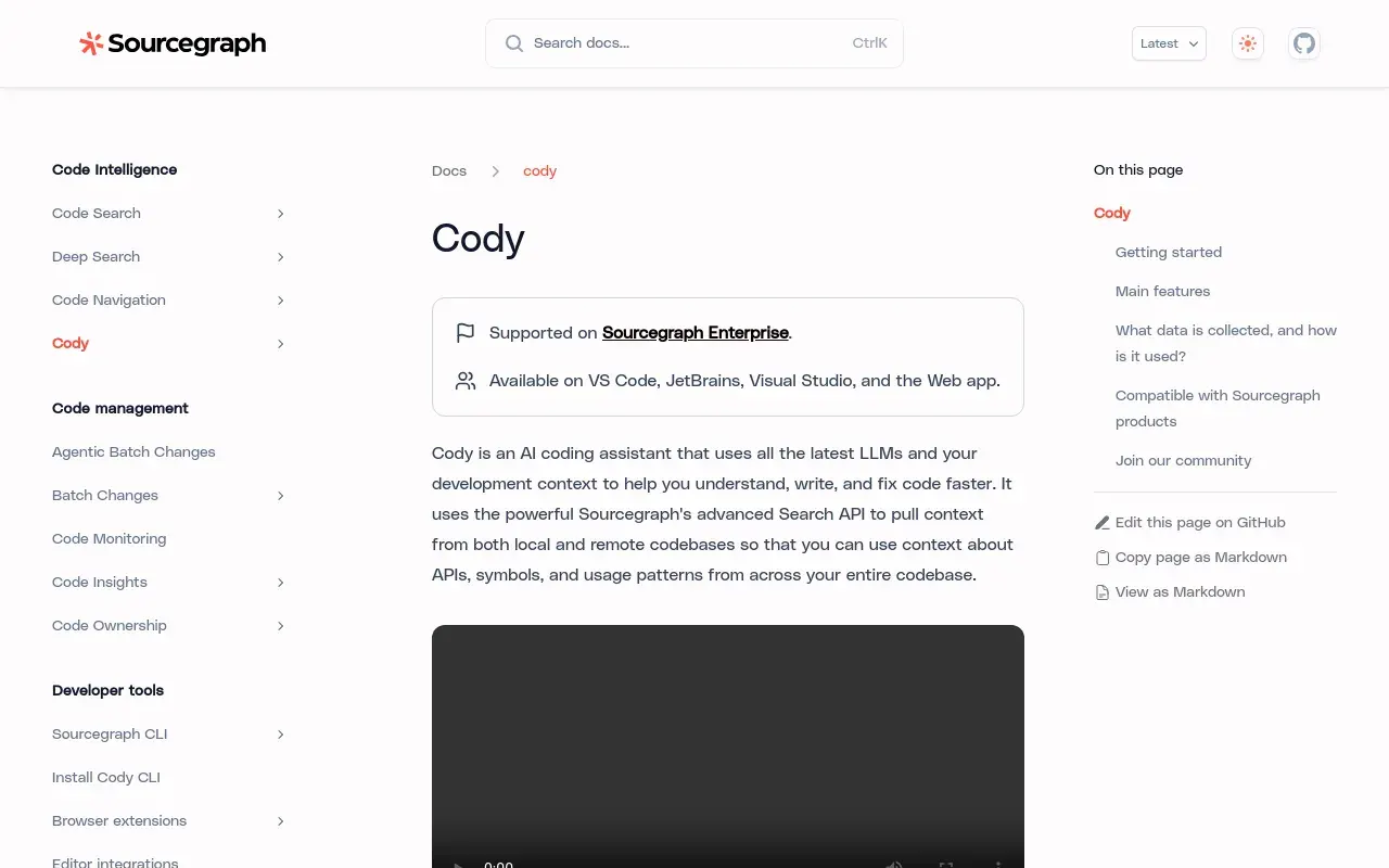 Screenshot of the Sourcegraph Cody homepage