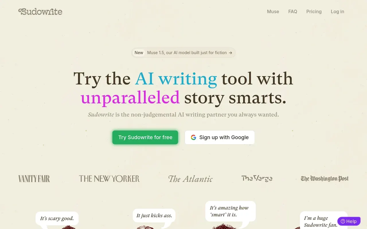 Screenshot of the Sudowrite homepage