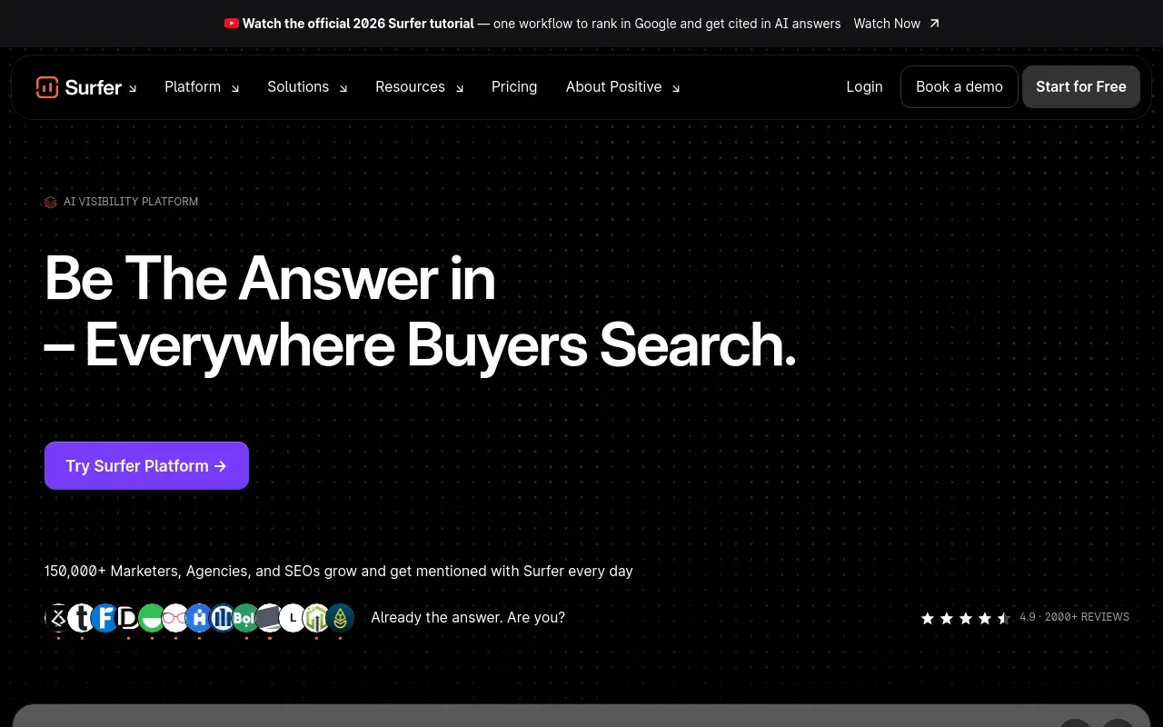 Screenshot of the Surfer SEO homepage