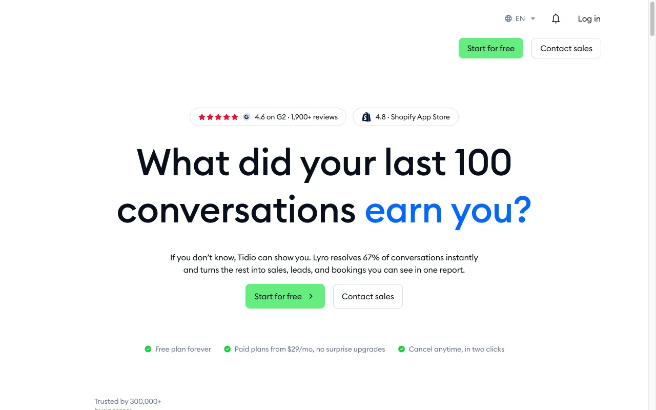 Screenshot of the Tidio homepage