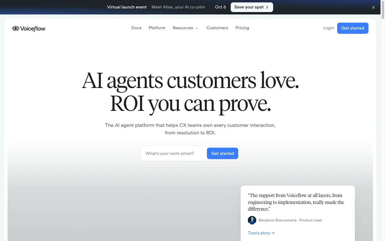 Screenshot of the Voiceflow homepage