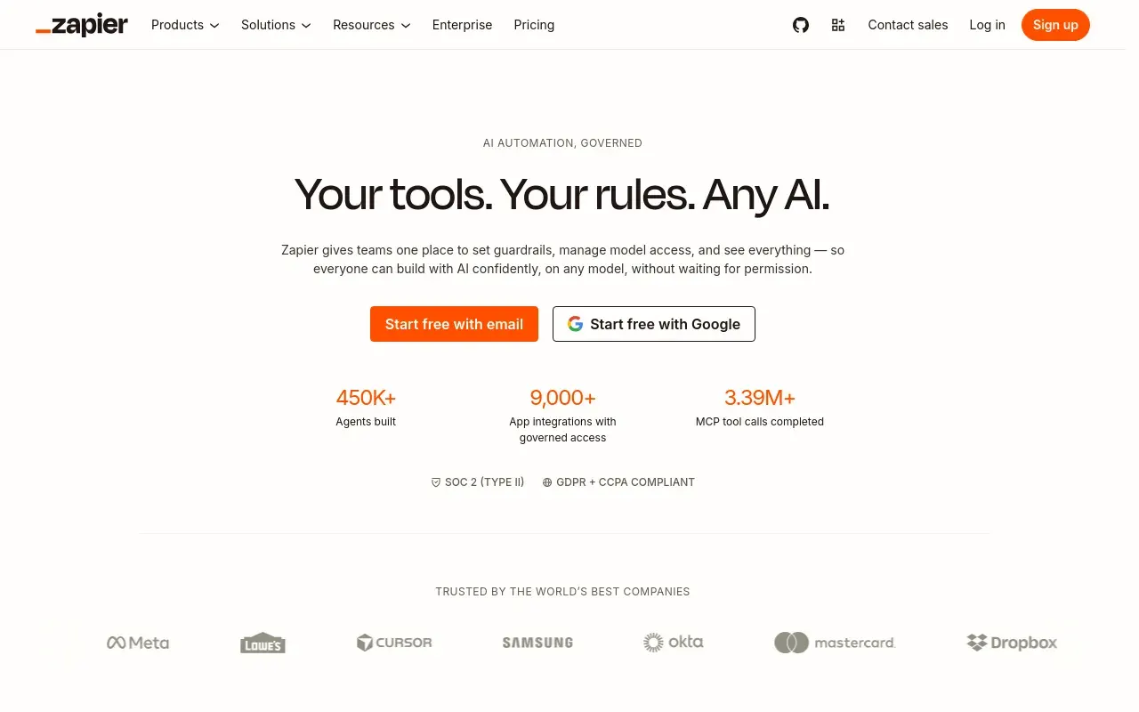 Screenshot of the Zapier homepage
